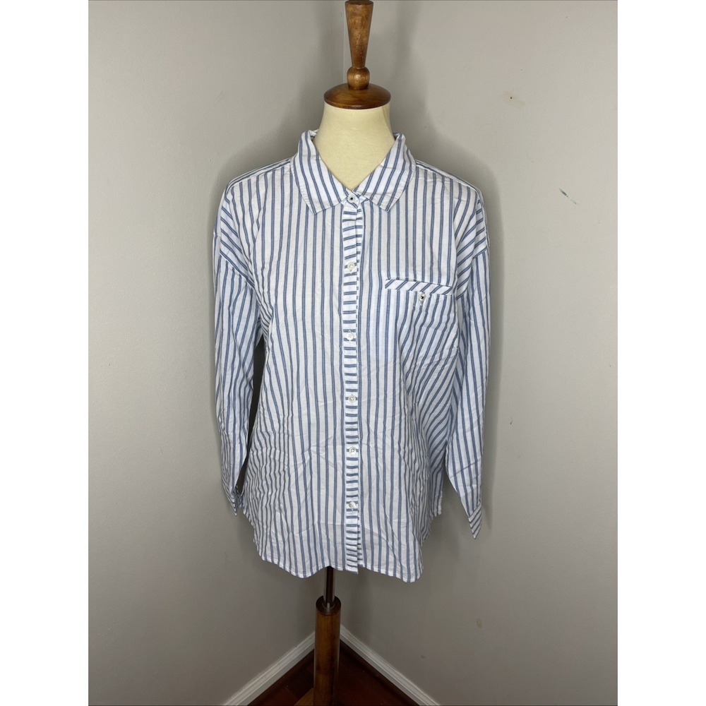New Plus J.Jill Blue White Stripe Cotton Button-front Collared Shirt‎ 1X